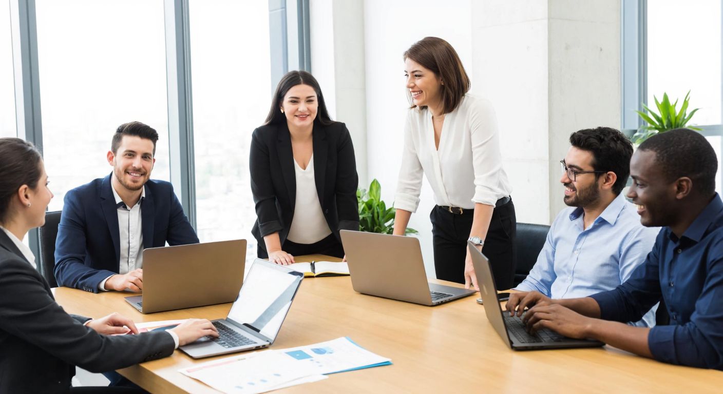 A group of diverse professionals in a modern Turkish office, smiling and collaborating around a table with laptops and documents, symbolizing teamwork and HR innovation.