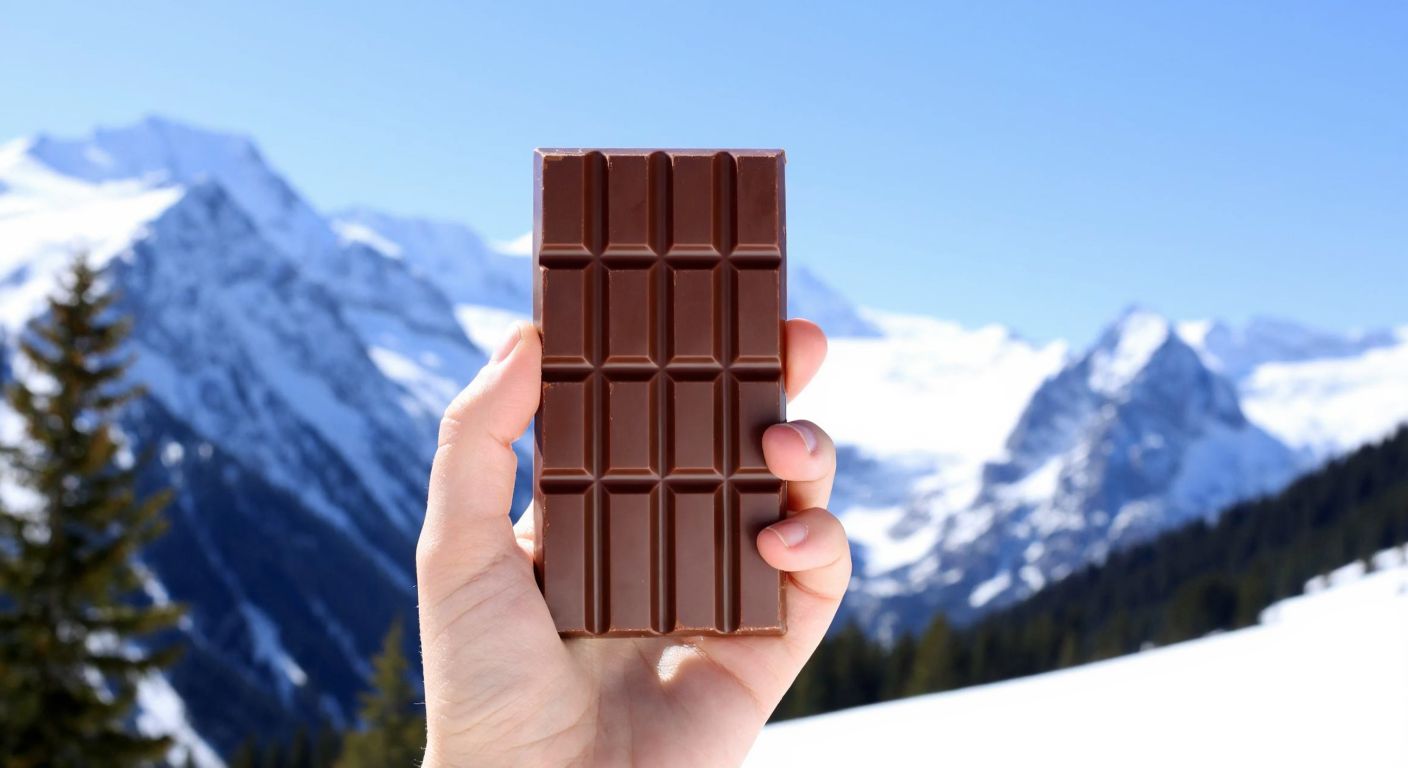 A hand holding a smooth, glossy Swiss Alps chocolate bar against a backdrop of snow-capped mountain peaks, with a relieved smile on the person's face.