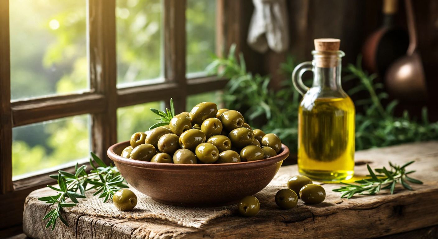 A rustic wooden table in a sunlit Turkish kitchen holds a bowl of glossy green Damlica olives, surrounded by fresh herbs and a small bottle of golden olive oil, evoking health and tradition.