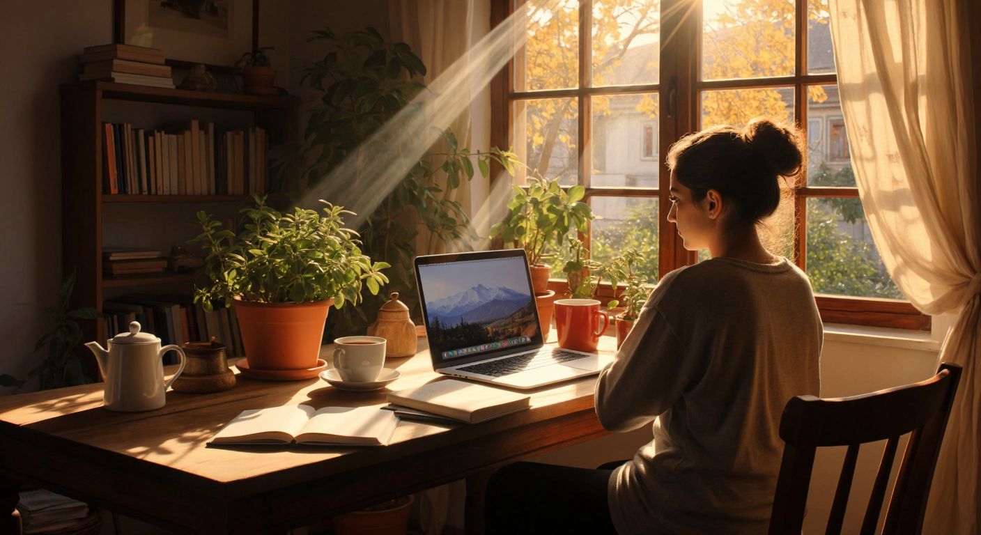 A Turkish person sitting at a cozy wooden desk with a laptop open, surrounded by notebooks and a steaming cup of çay, while sunlight streams through a window onto a small potted plant, conveying curiosity and the pursuit of passive income through blogging.