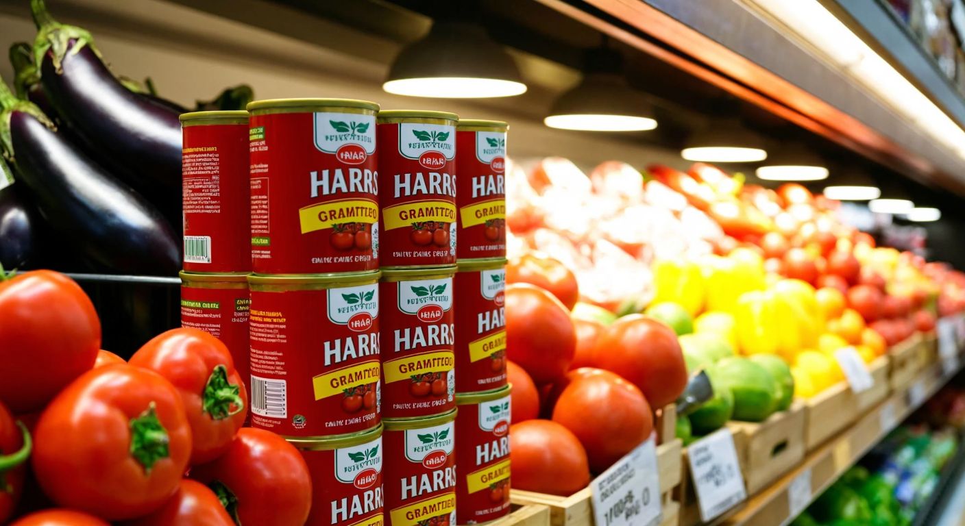 A vibrant Turkish grocery aisle with neatly stacked cans of Harras-brand grated tomatoes (700g) on a wooden shelf, surrounded by fresh produce like peppers and eggplants, under warm lighting.
