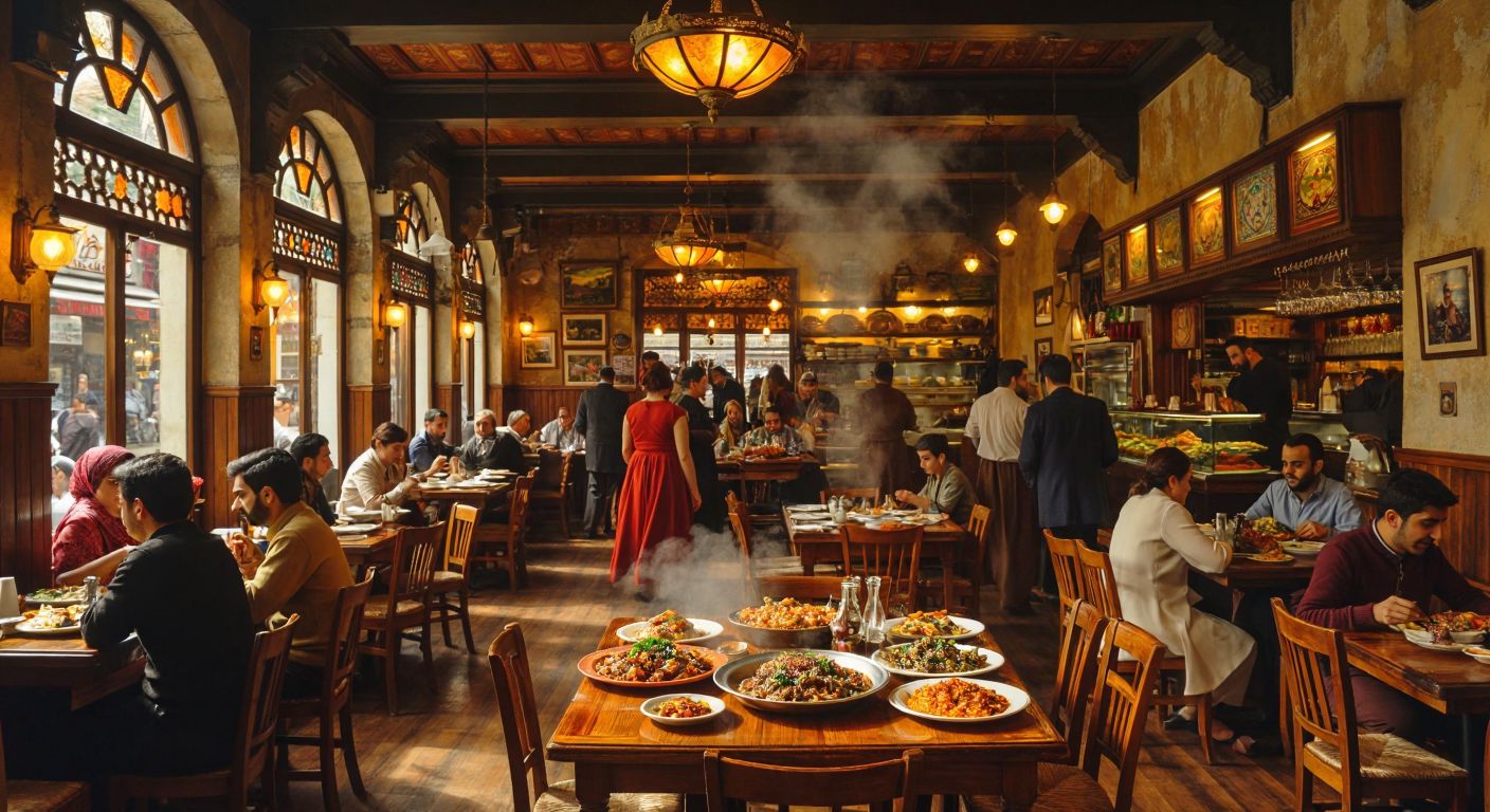 A bustling traditional Turkish lokanta with warm lighting, wooden tables, and steaming plates of home-style dishes, surrounded by cheerful patrons in 1960s-era clothing, capturing the nostalgic essence of its 1969 founding.