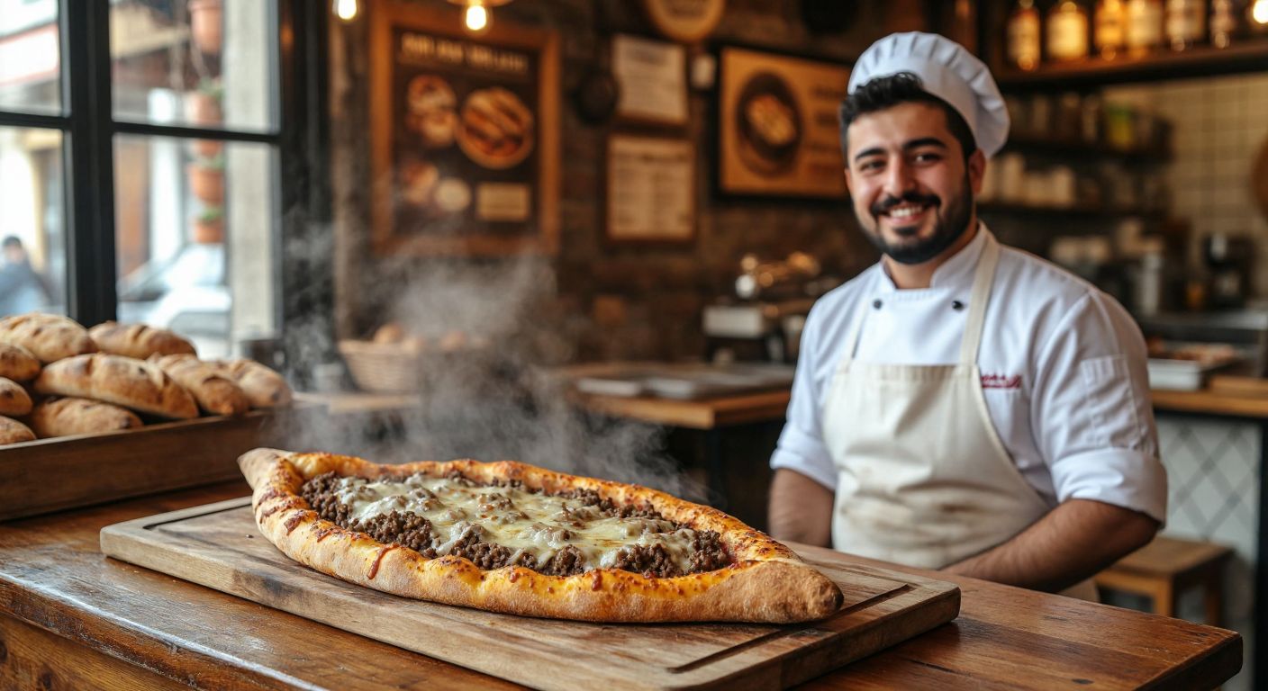 A steaming, golden-brown *kıymalı kaşarlı pide* fresh from the oven, topped with minced meat and melted cheese, resting on a wooden table in a cozy Turkish pide shop, with a smiling chef in a white apron standing proudly beside it.
