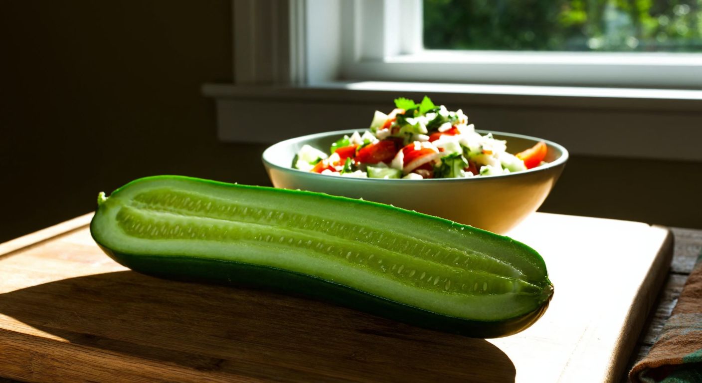 A vibrant green cucumber sliced open to reveal its seeded interior, placed on a rustic wooden table beside a bowl of fresh Turkish salad, with sunlight streaming through a kitchen window.