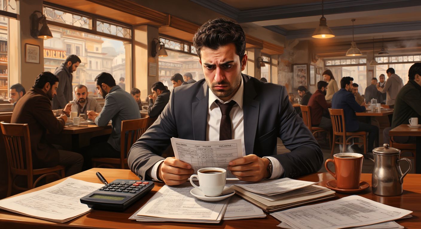 A Turkish accountant in a bustling café, frowning at a receipt while holding a calculator, with a steaming cup of Turkish coffee and a notepad covered in handwritten figures beside them.