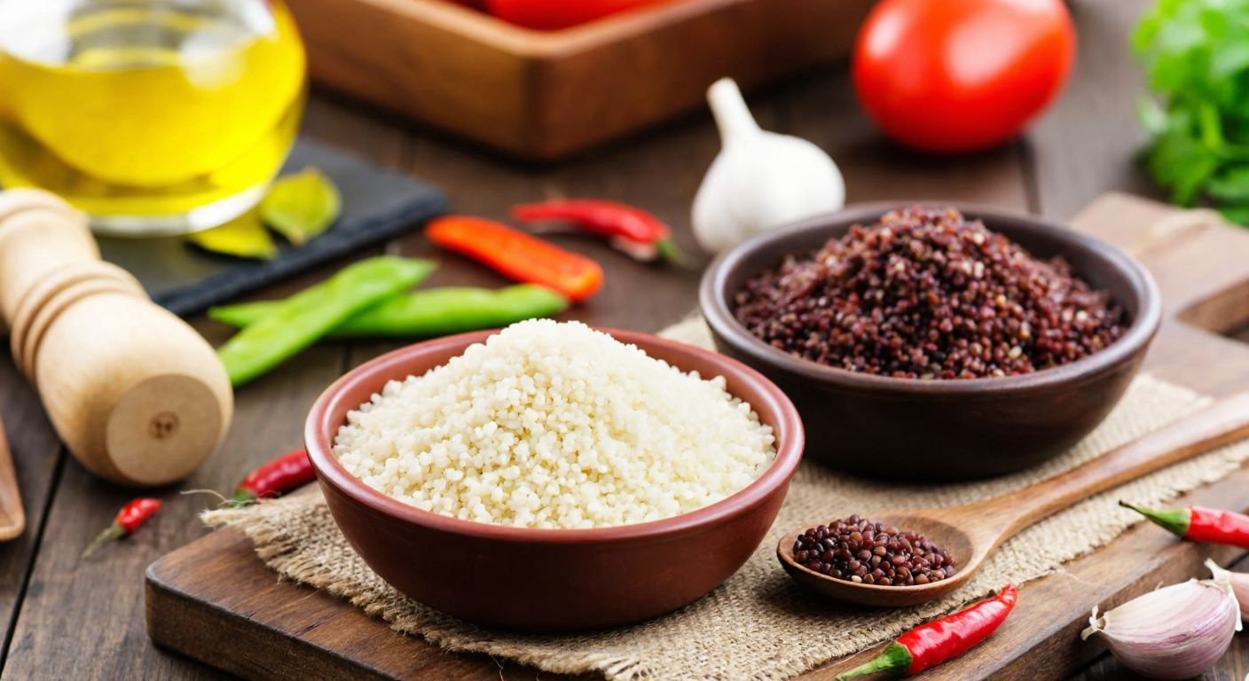 A rustic wooden table in a Turkish kitchen holds two small bowls—one filled with fluffy white quinoa and the other with dark, nutty black quinoa, surrounded by fresh vegetables, olive oil, and a mortar with spices.