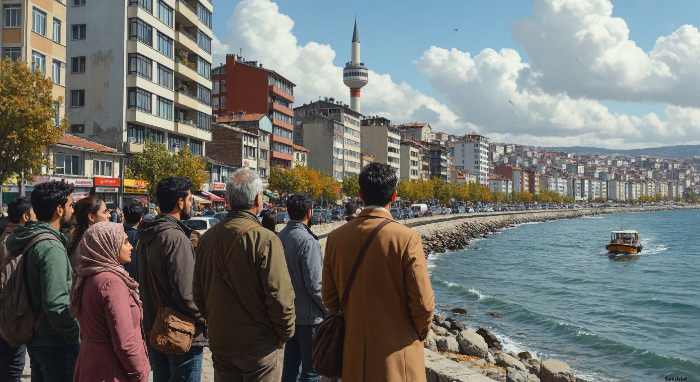 A group of diverse people standing on Samsun's coastline, gazing thoughtfully at a mix of modern buildings and disappearing old structures, with a crowded street scene in the background reflecting traffic congestion.