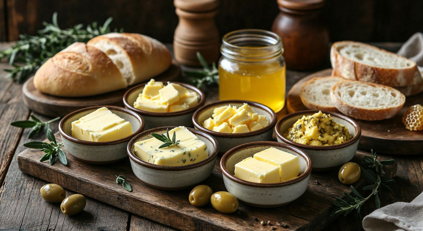 A rustic wooden table in a Turkish kitchen displays small ceramic dishes filled with various types of butter—golden-yellow salted butter, creamy unsalted butter, herb-flecked otlu butter, and a jar of clarified ghee—surrounded by fresh bread, honeycomb, and olives.