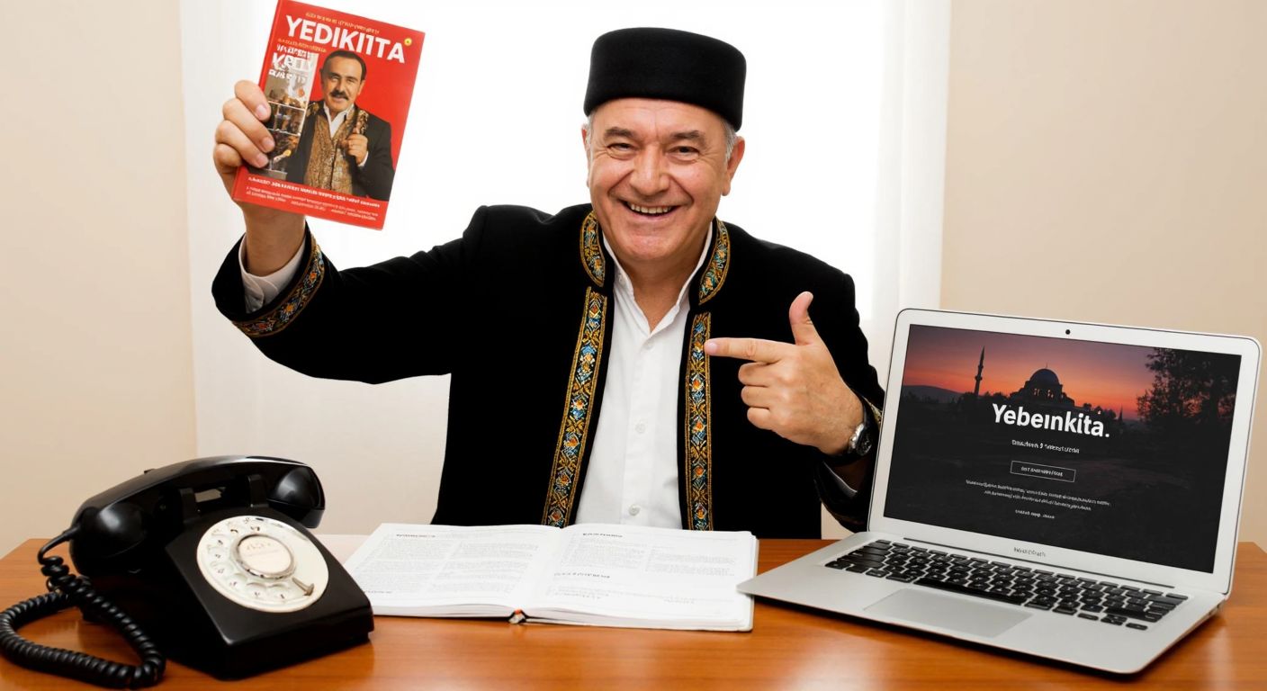 A cheerful elderly man in traditional Turkish attire holds a copy of Yedikıta magazine while smiling and pointing to a rotary phone on a wooden table, with a laptop displaying the abonem.org website beside it.
