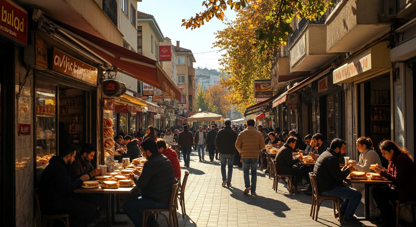 A bustling Ankara street scene with small cafes and vendors serving golden, crispy Ayvalık tost, surrounded by locals eagerly enjoying the sandwiches under warm sunlight.