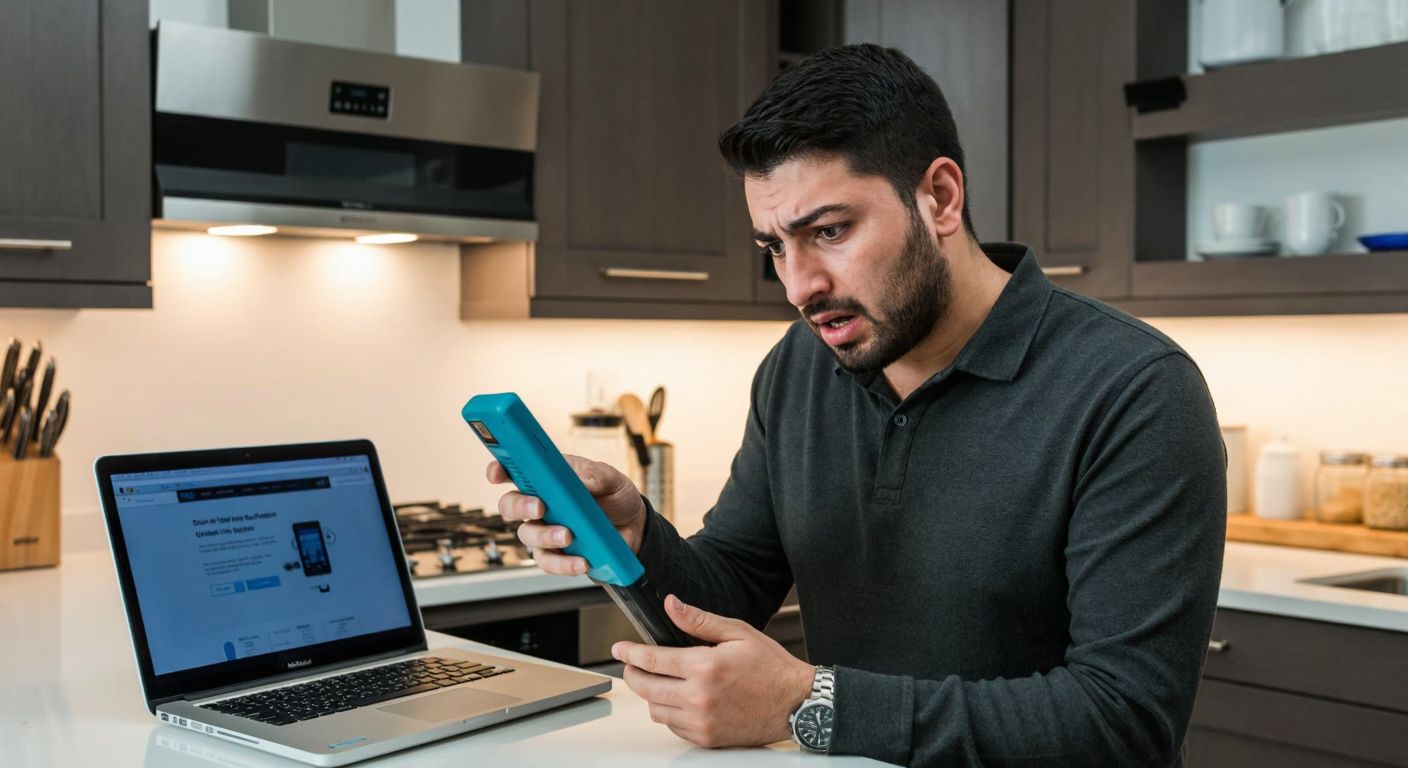 A frustrated Turkish man in a modern kitchen holds a Siemens T 550 device, looking confused while pointing at a laptop displaying a website with a manual.