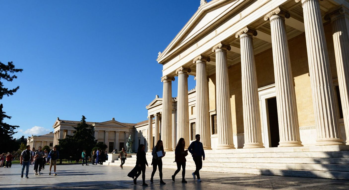 A sunlit neoclassical university building in Athens, with students carrying books in various academic fields—philosophy, medicine, and law—walking past marble columns under a clear blue sky.