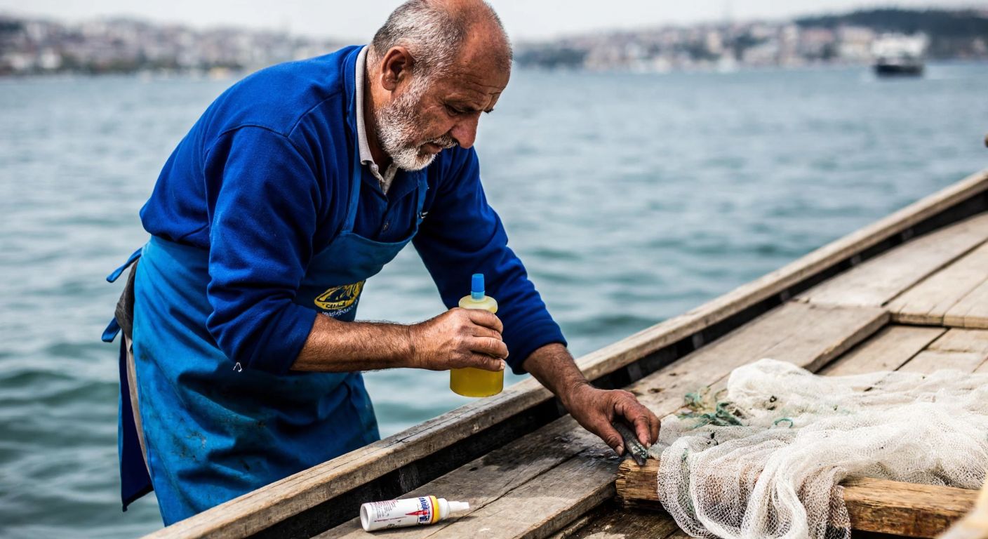 A weathered Turkish fisherman in a blue apron carefully applies epoxy glue to mend a fishing net on a wooden boat by the Bosphorus, with a small tube of super glue resting nearby.