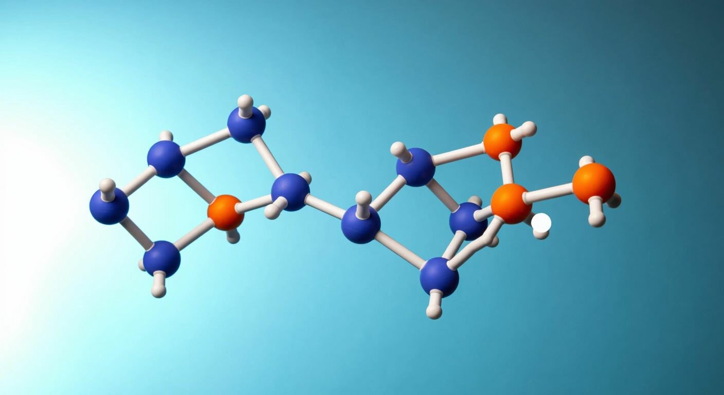 A pair of molecular models—one with three amine groups (spermidine) and another with four (spermine)—floating against a soft blue background, symbolizing their distinct structures and cellular roles.