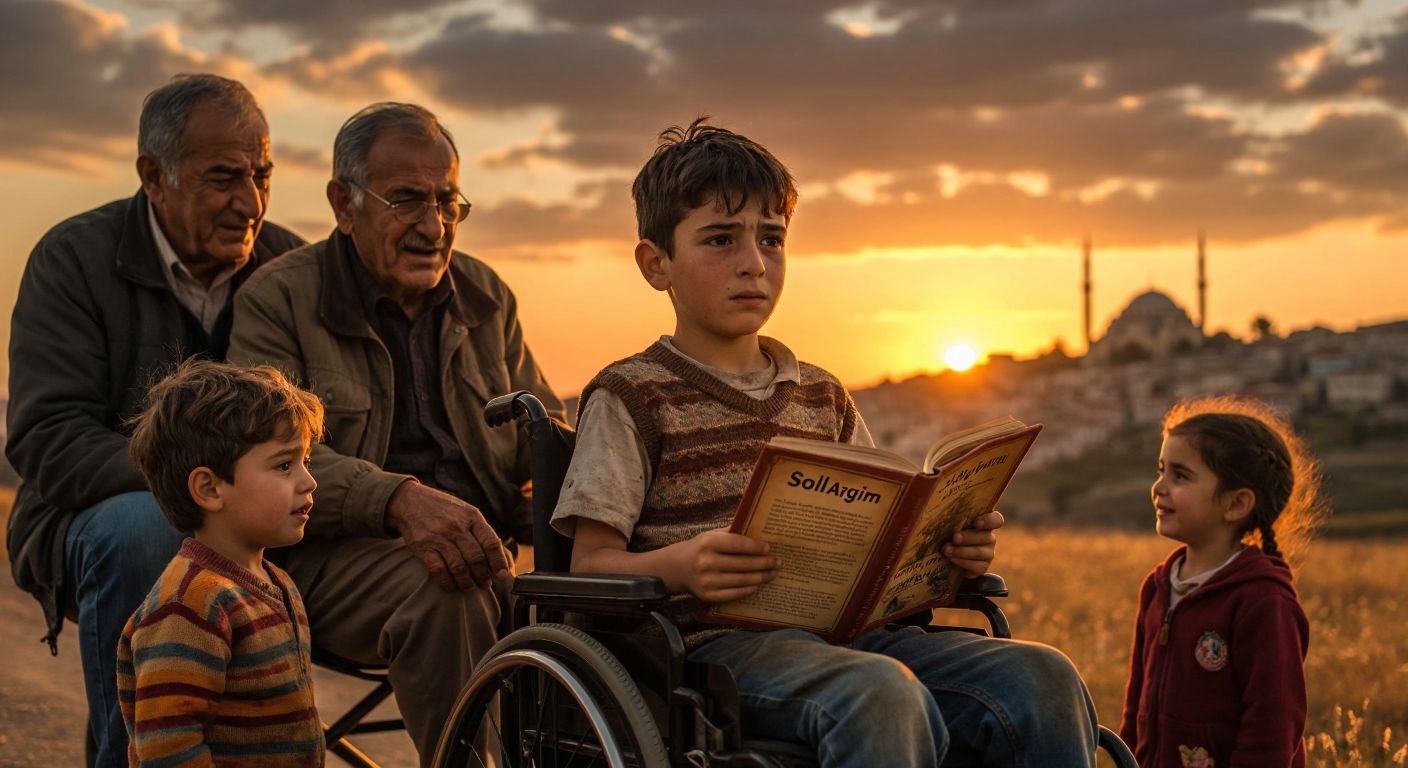 A young boy with a determined expression sits in a wheelchair under a warm Turkish sunset, holding a well-worn copy of *Sol Ayağım* while an elderly man and a smiling child listen intently beside him.