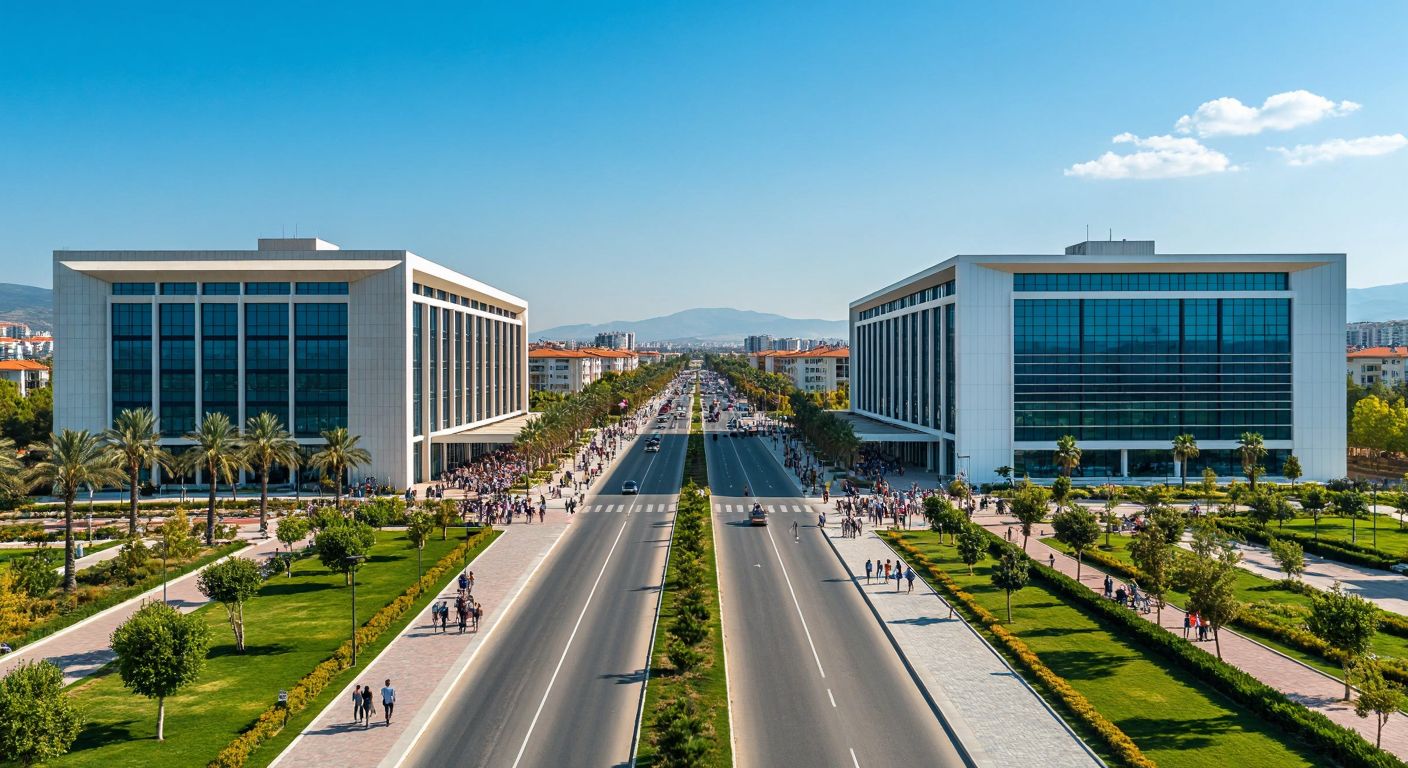 Two distinct university campuses in Antalya—one with a bustling public atmosphere under palm trees (Akdeniz University) and the other a sleek, modern private building (Bilim University)—separated by a road, symbolizing their different identities.