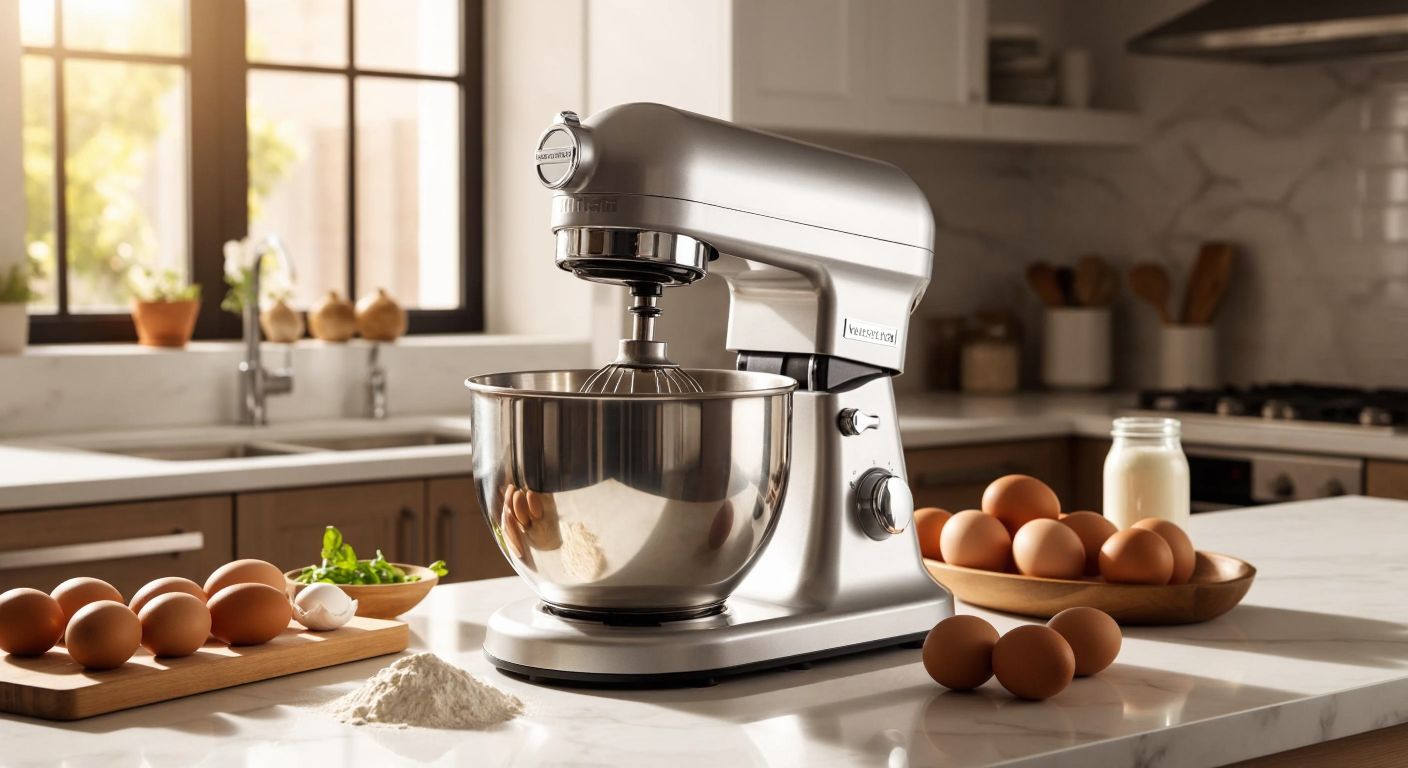 A sleek silver stand mixer with a large stainless steel bowl sits on a marble countertop in a sunlit Turkish kitchen, surrounded by fresh ingredients like flour and eggs.