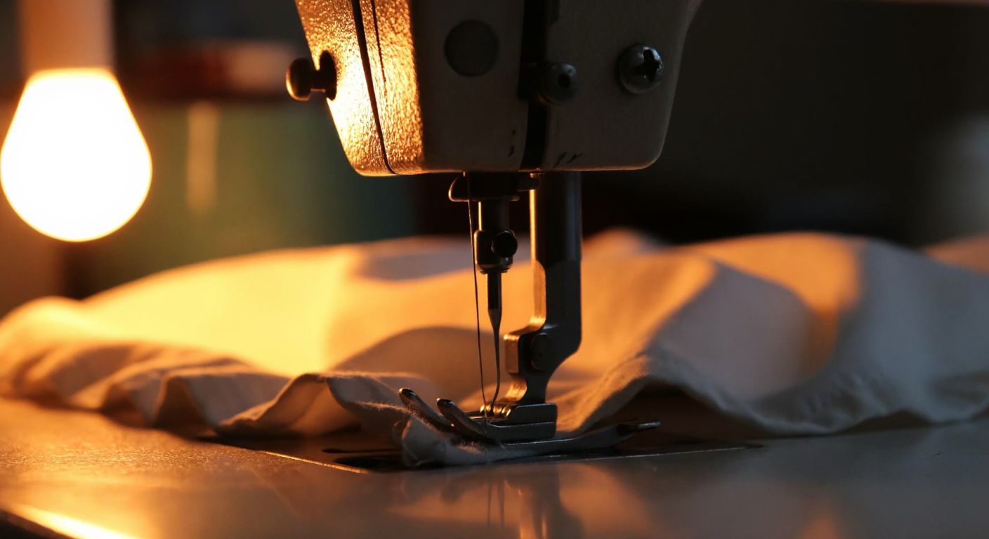A close-up of a sewing machine's presser foot with gathered fabric underneath, illuminated by warm light in a cozy Turkish tailor's workshop.