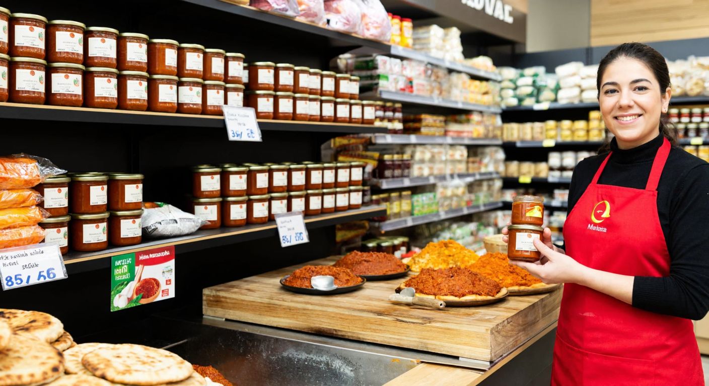 A vibrant Turkish supermarket aisle with neatly stacked jars of muhammara on a wooden shelf, surrounded by fresh pita bread and colorful spices, with a smiling shopkeeper in a red apron holding one jar.