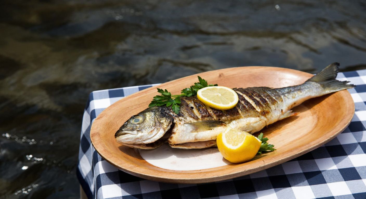 A freshly grilled river fish on a rustic wooden plate, garnished with lemon slices and fresh herbs, placed on a checkered tablecloth by a flowing river under the warm Turkish sun.