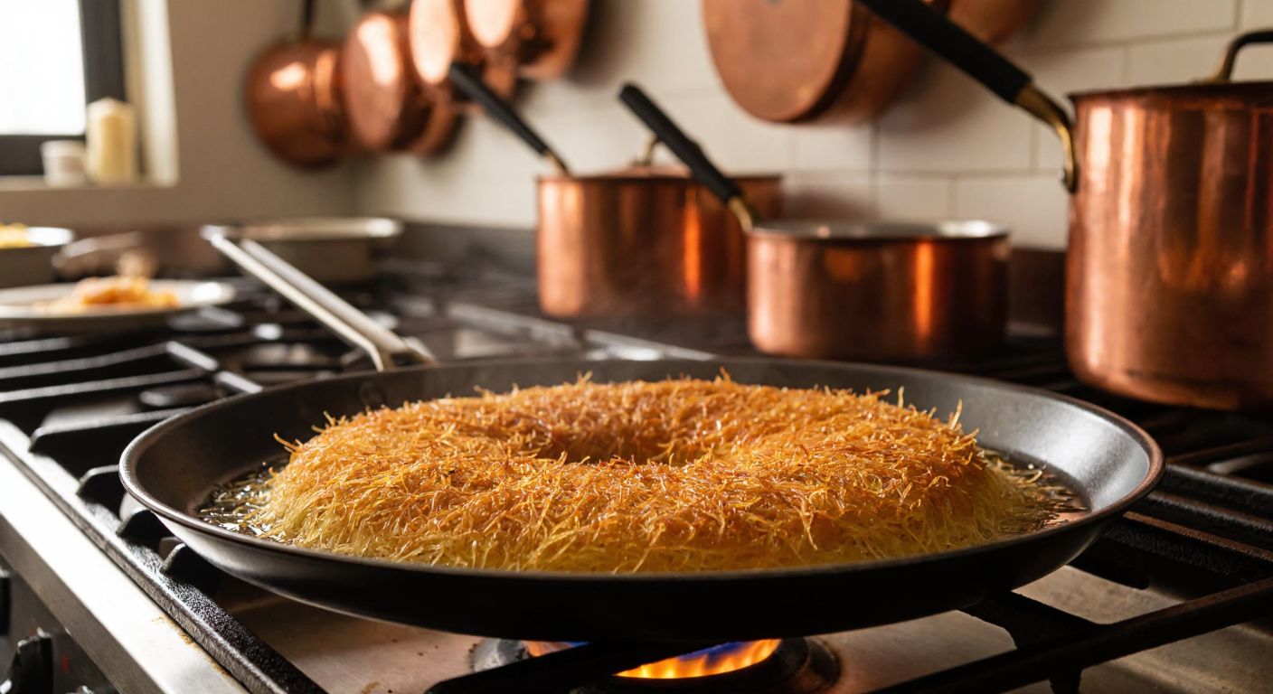 A wide, non-stick pan sizzling with golden-brown kadayıf, its crispy strands glistening with syrup, set on a stove in a warm Turkish kitchen with copper pots hanging in the background.