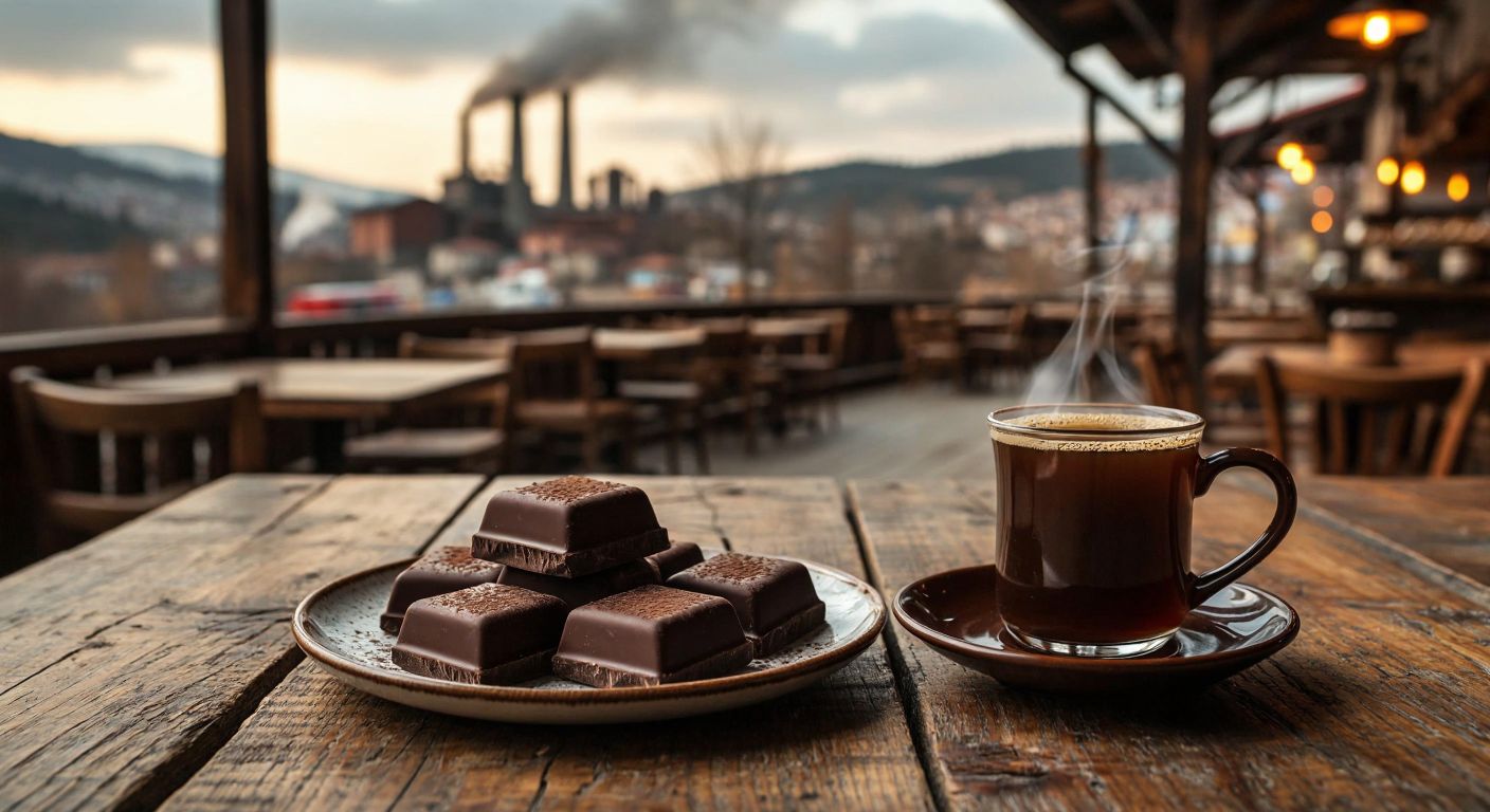 A rustic wooden table in a cozy Turkish café holds a plate of dark chocolate squares next to a steaming cup of Turkish coffee, with a factory silhouette in the background representing local production.
