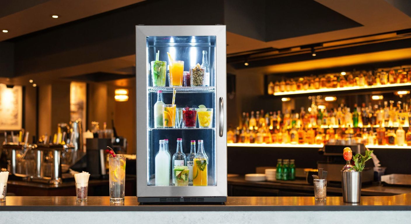 A sleek stainless steel bottle cooler cabinet filled with colorful drinks and garnishes, placed behind a bustling bar in a modern Turkish restaurant with warm lighting.