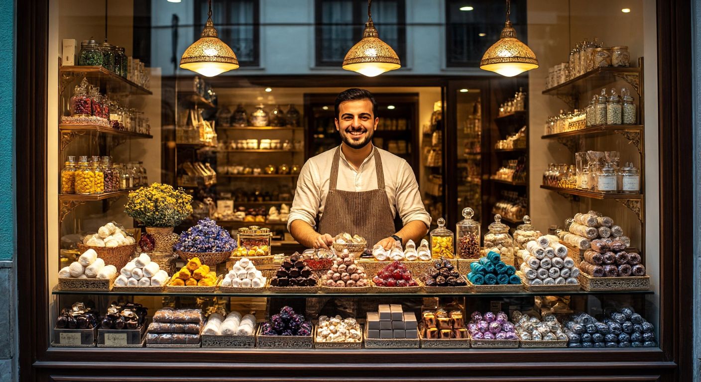 A vibrant Turkish shop window displays luxurious, eye-catching products arranged neatly under warm lighting, with a shopkeeper smiling proudly behind the glass.