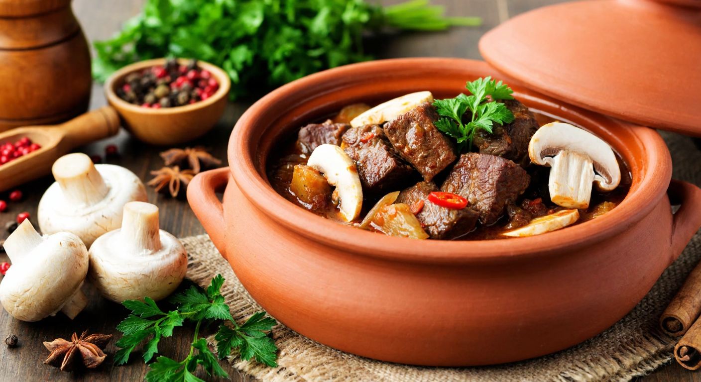 A steaming clay pot of tas kebab with tender meat, white mushrooms, and portobello slices, surrounded by fresh herbs and warm spices, evoking the rich aroma of Turkish cuisine.