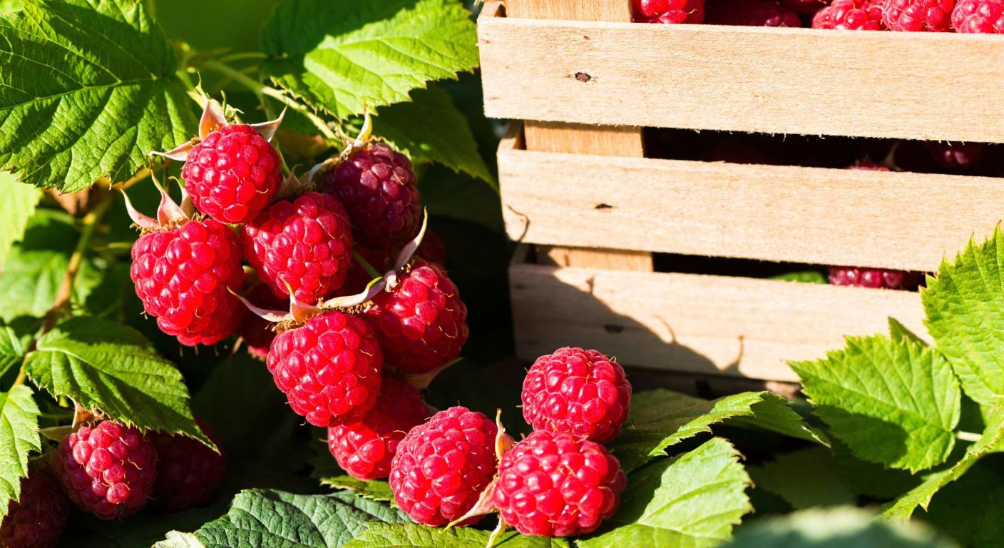 A vibrant close-up of ripe red raspberries (ahududu) on a green leafy branch, contrasted with an empty wooden crate (bunkr) in the background under warm Turkish sunlight.