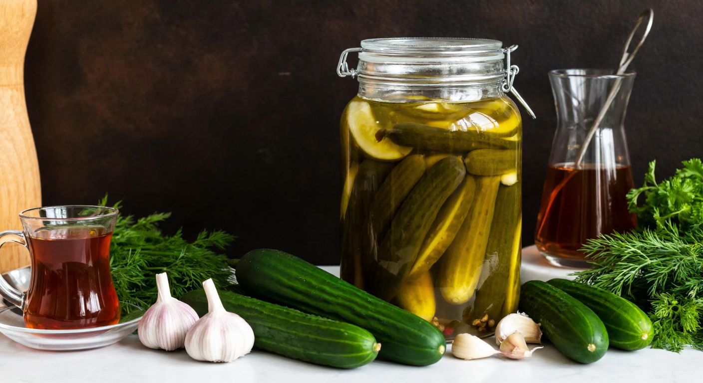 A rustic Turkish kitchen counter holds a large glass jar filled with pickling brine, surrounded by fresh cucumbers, garlic cloves, and dill sprigs, with a traditional Turkish tea glass and measuring spoons nearby.