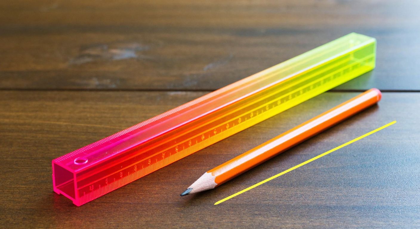 A vibrant, flexible plastic ruler in bright colors lies on a wooden school desk next to a pencil and a neatly drawn straight line, embodying lightness, affordability, and precision.