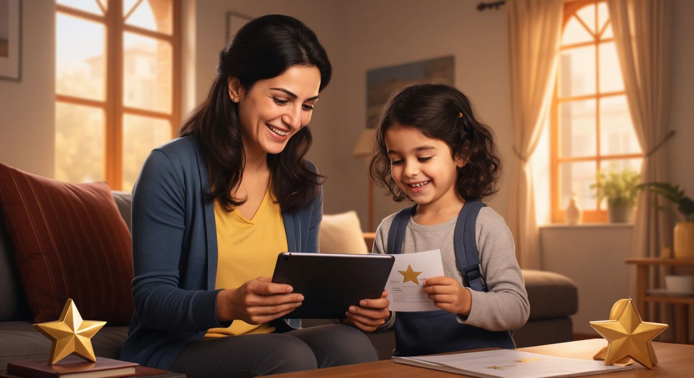 A smiling Turkish mother in a cozy home setting checks her child's school progress on a tablet while the child proudly holds up a report card with a gold star.