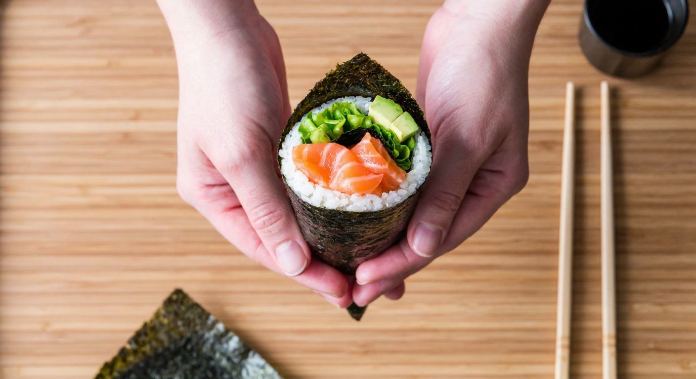 A pair of hands holding a freshly rolled temaki sushi cone filled with vibrant pink salmon, green avocado slices, and white rice, resting on a wooden table with scattered nori sheets and bamboo mats in the background.