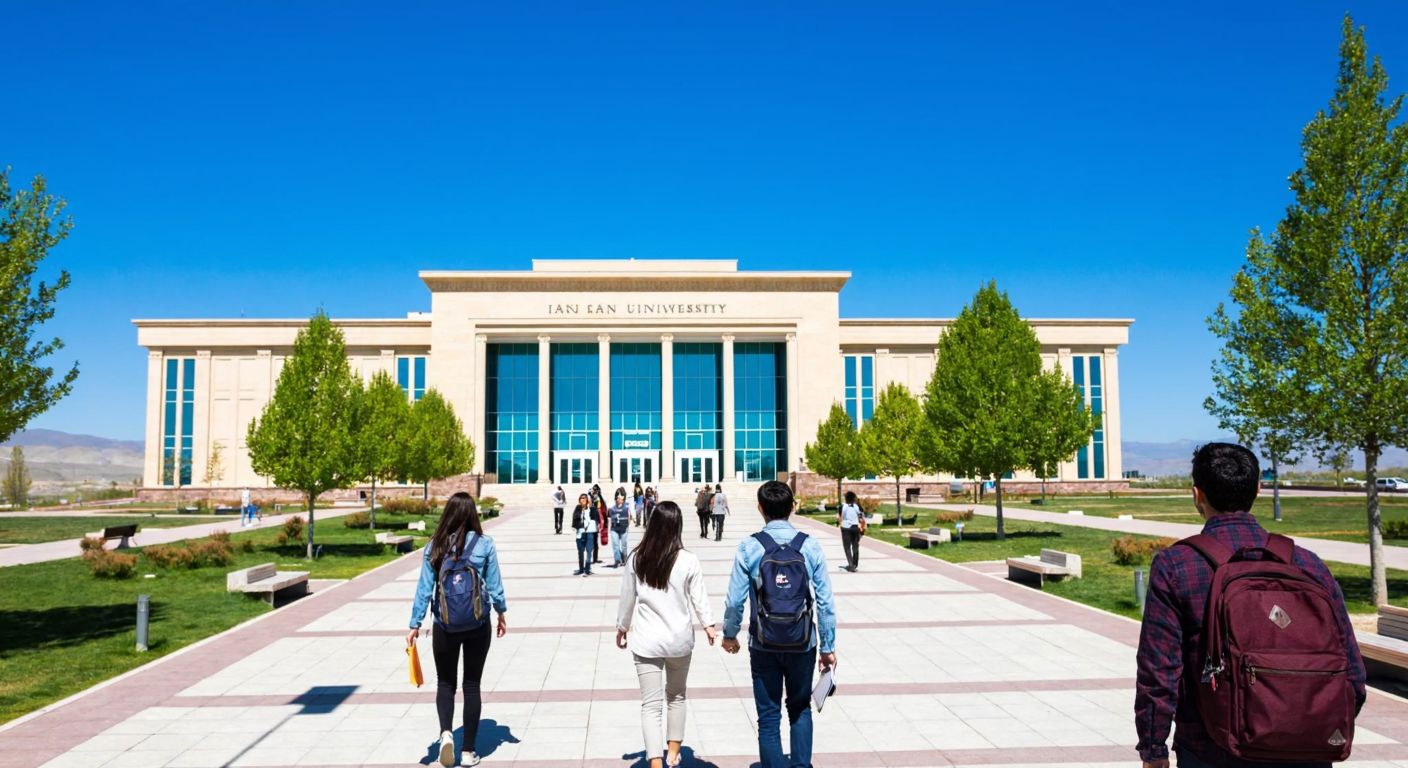 A grand university building with a modern facade, set against the backdrop of Van Lake, surrounded by students in casual attire carrying books and backpacks, under a bright blue sky.