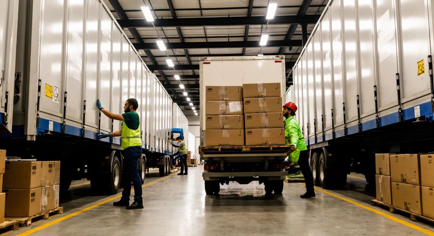 A busy Turkish cargo warehouse with workers loading brown packages onto a delivery truck under bright fluorescent lights, conveying urgency and efficiency.