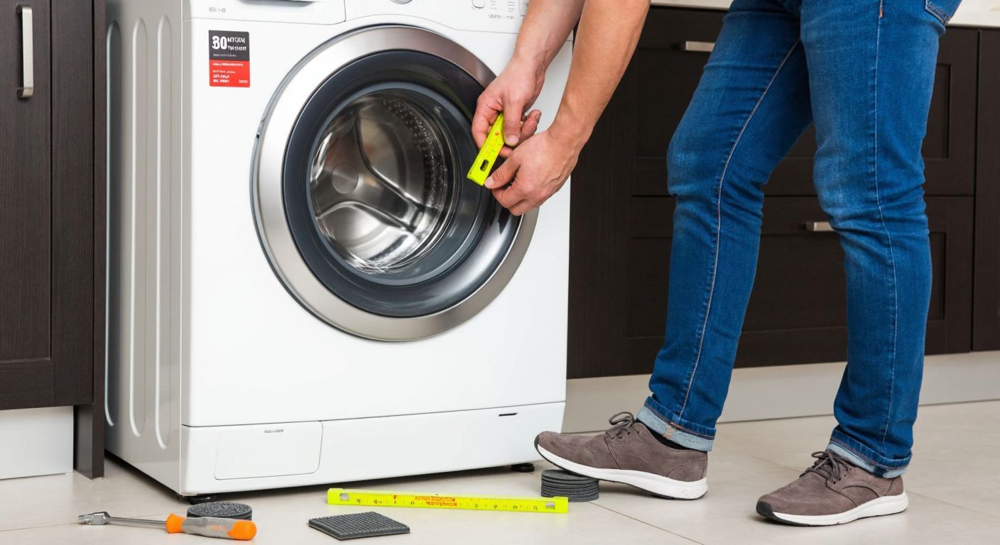 A person in a Turkish home kitchen carefully adjusts the leveling feet of an LG washing machine, using a spirit level to ensure balance, with a small pile of tools and anti-slip pads nearby.
