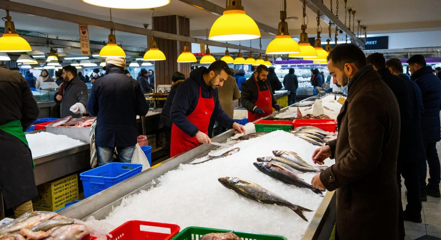 A bustling indoor fish market in Istanbul, with vendors in aprons arranging glistening fresh fish on ice-filled stalls, surrounded by customers in warm coats inspecting the catch under hanging yellow lights.