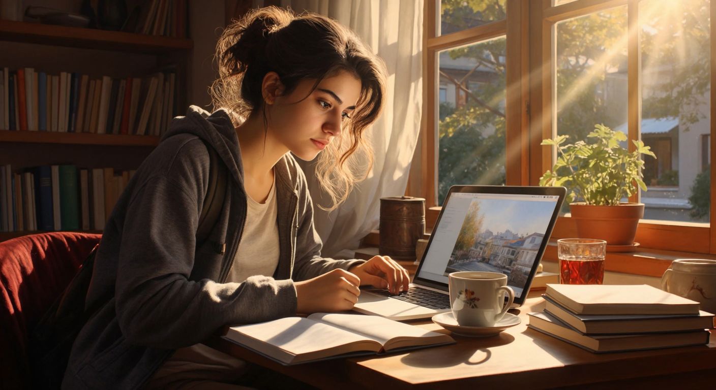 A young Turkish student with focused eyes sits at a wooden desk in a sunlit room, browsing an online learning platform on a laptop while surrounded by open notebooks, a steaming cup of Turkish tea, and a stack of textbooks.