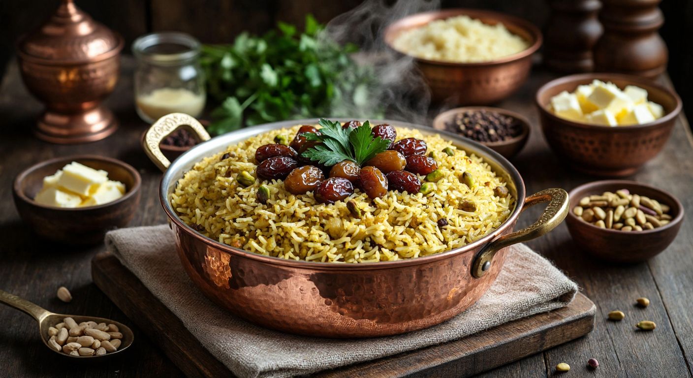 A steaming copper pot of golden pistachio-studded rice, garnished with fresh parsley and scattered with plump raisins, sits on a rustic wooden table surrounded by bowls of butter, pine nuts, and spices in a warm Turkish kitchen.