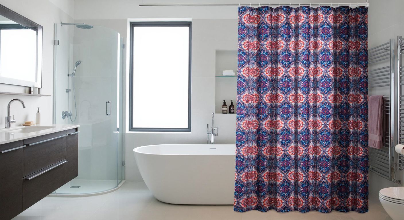A modern Turkish bathroom with a freestanding bathtub, featuring a sleek frosted glass shower screen on one side and a vibrant, patterned waterproof fabric shower curtain on the other, both neatly framing the tub.