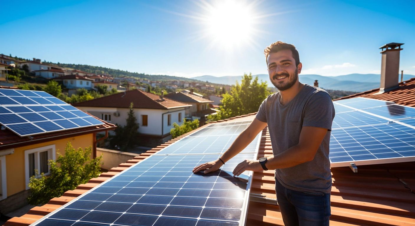 A sunlit Turkish rooftop with gleaming solar panels, a smiling homeowner inspecting them, and a bright blue sky overhead, symbolizing sustainable energy and long-term savings.