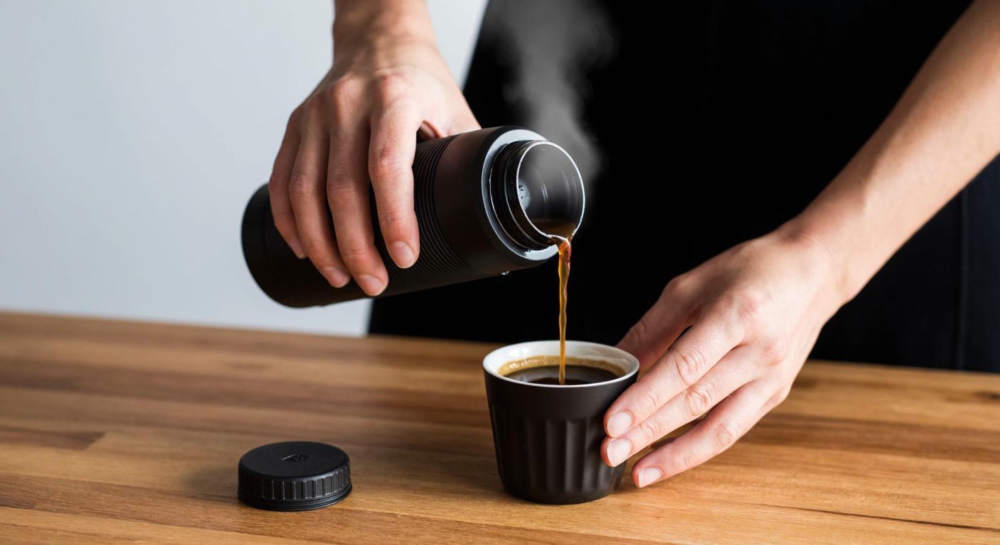 A person’s hands carefully pressing ground coffee into a compact Wacaco Nanopresso, with steam rising from freshly brewed espresso dripping into a small cup on a wooden table.