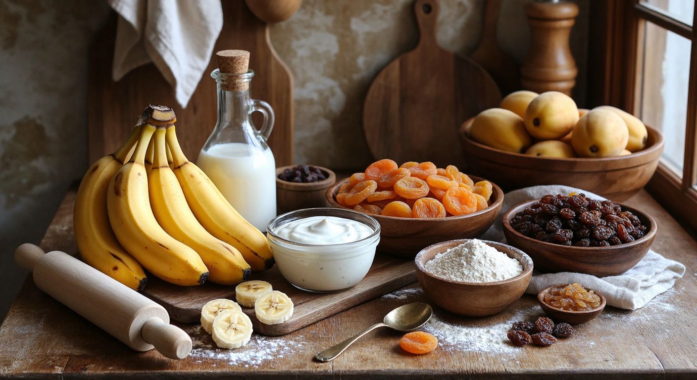 A warm Turkish kitchen with a wooden counter displaying fresh ingredients for baby cookies—ripe bananas, dried apricots, raisins, yogurt, olive oil, and whole wheat flour—arranged neatly beside a small bowl of pekmez and a rolling pin.