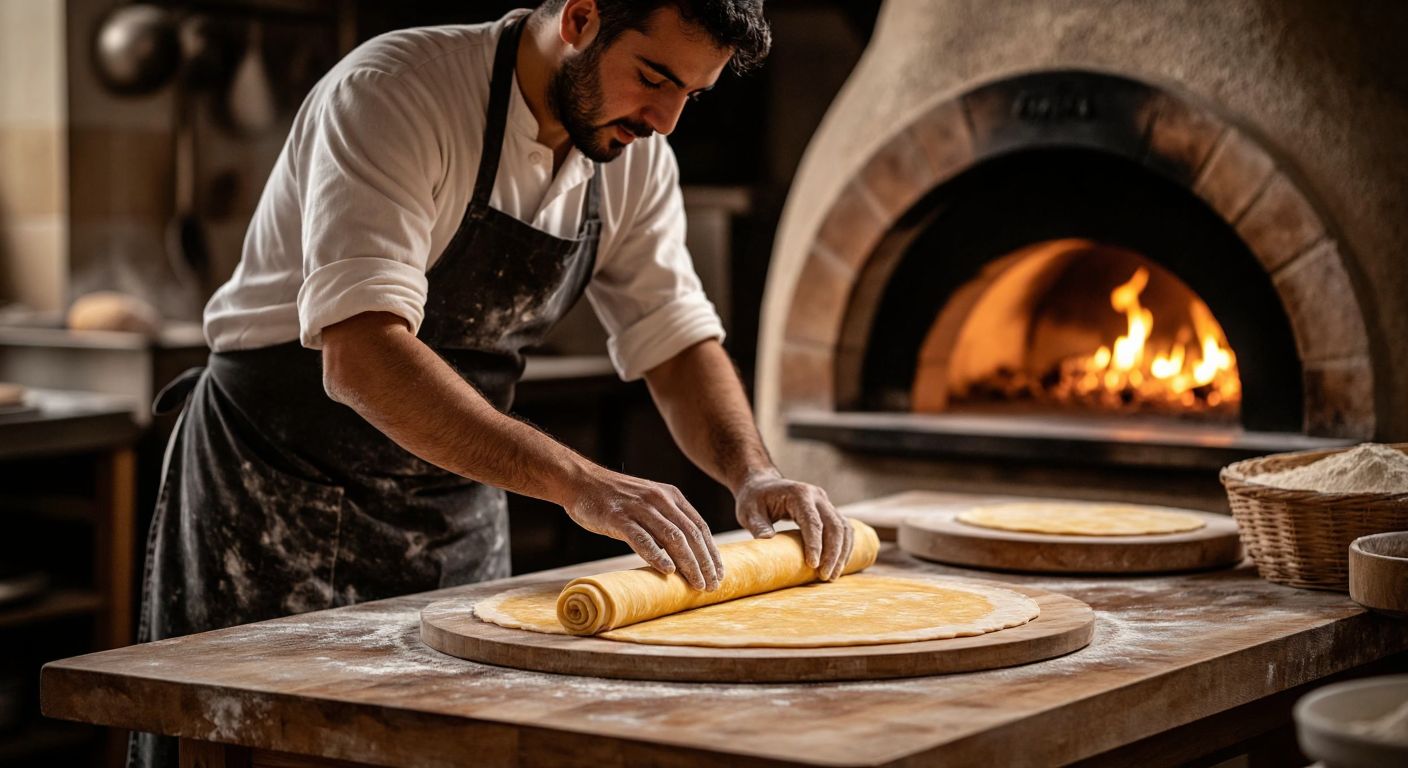 A Turkish baker in a flour-dusted apron carefully rolls out thin, golden dough on a wooden table, with a warm stone oven glowing in the background.