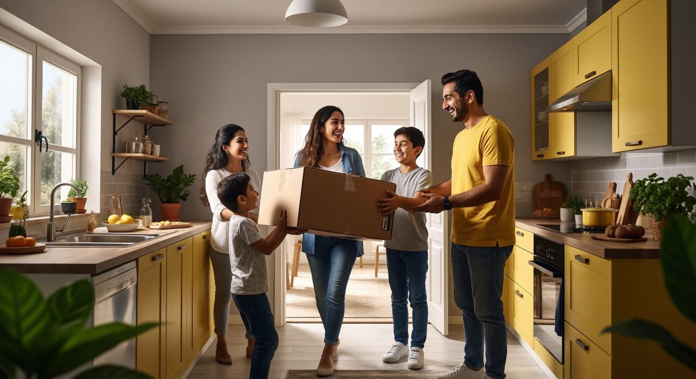 A happy Turkish family standing in their bright, modern kitchen, eagerly watching as a delivery worker in an IKEA-branded uniform carries a large flat-pack cabinet through the doorway.