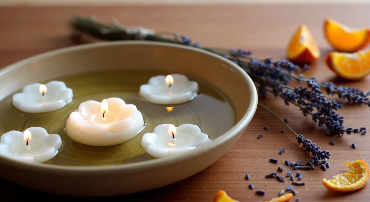 A serene Turkish home scene with a shallow ceramic bowl of water holding floating flower-shaped wax candles, their soft glow reflecting on the surface, surrounded by scattered lavender sprigs and orange peels on a wooden table.