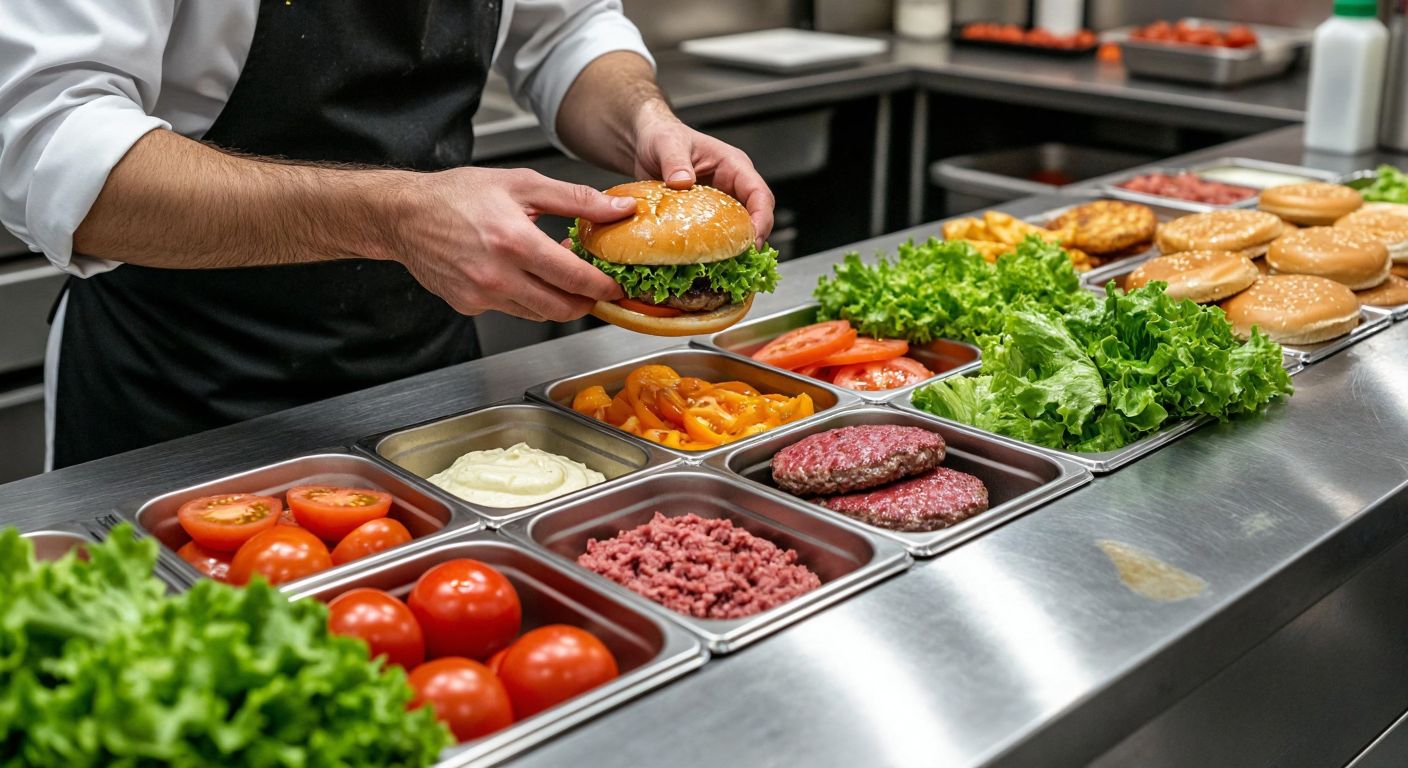 A stainless steel countertop in a bustling Turkish restaurant kitchen, neatly organized with fresh burger ingredients like minced meat, crisp lettuce, sliced tomatoes, and condiments in separate compartments, while a chef in a white apron assembles a juicy burger with focused precision.