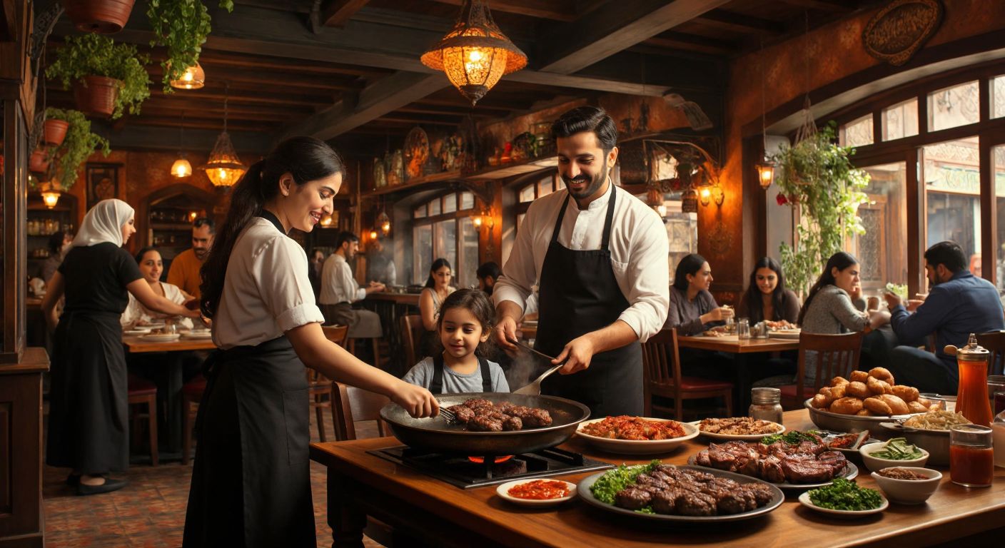 A bustling Turkish restaurant with a warm, inviting interior, where a waiter serves sizzling köfte on a copper plate to a smiling family seated at a wooden table, surrounded by the aroma of grilled meat and spices.