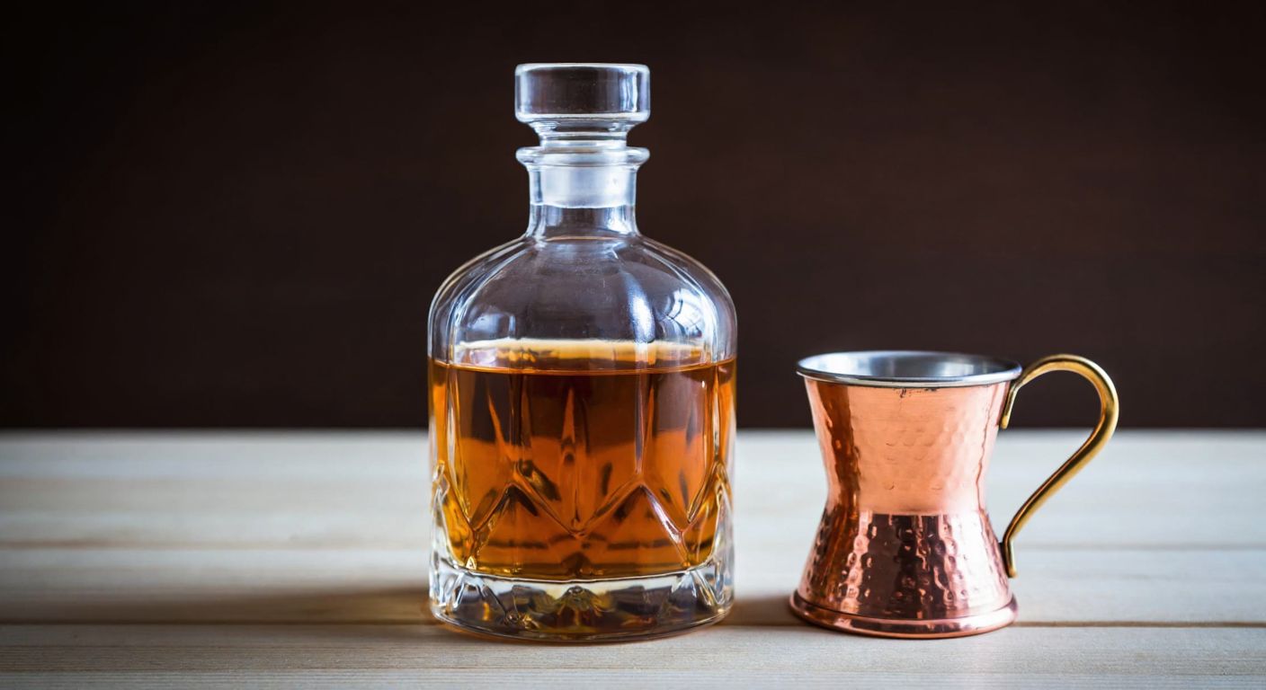 A clear glass bottle filled with amber whiskey, placed on a wooden table with a traditional Turkish copper cup beside it, evoking warmth and richness.